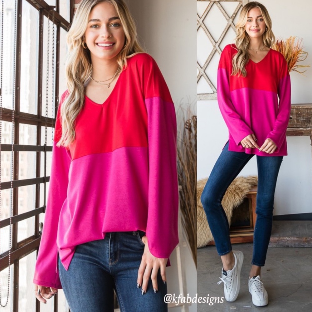 B43W💗❤️Gorgeous red+hot pink color-block v-neck top designed2turn heads! ❤️💗